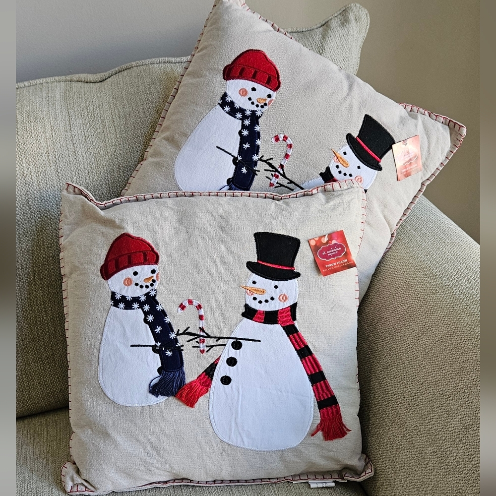 St. Nicholas Square Snowman Throw Pillows with Red and Black Details